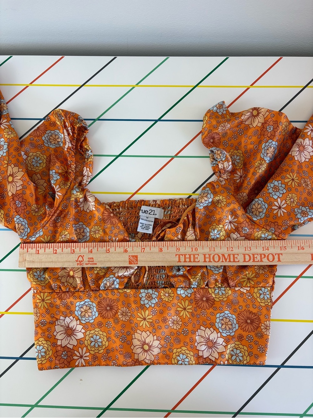 Rue21 Orange Floral Tie-Front Long Sleeve Crop Top Medium Like New Boho Chic - Picture 8 of 9